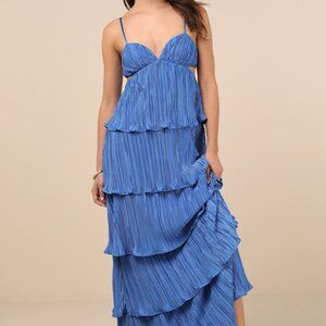 Lulus Kanya Blue Satin Plisse Tiered Maxi Dress - Size M